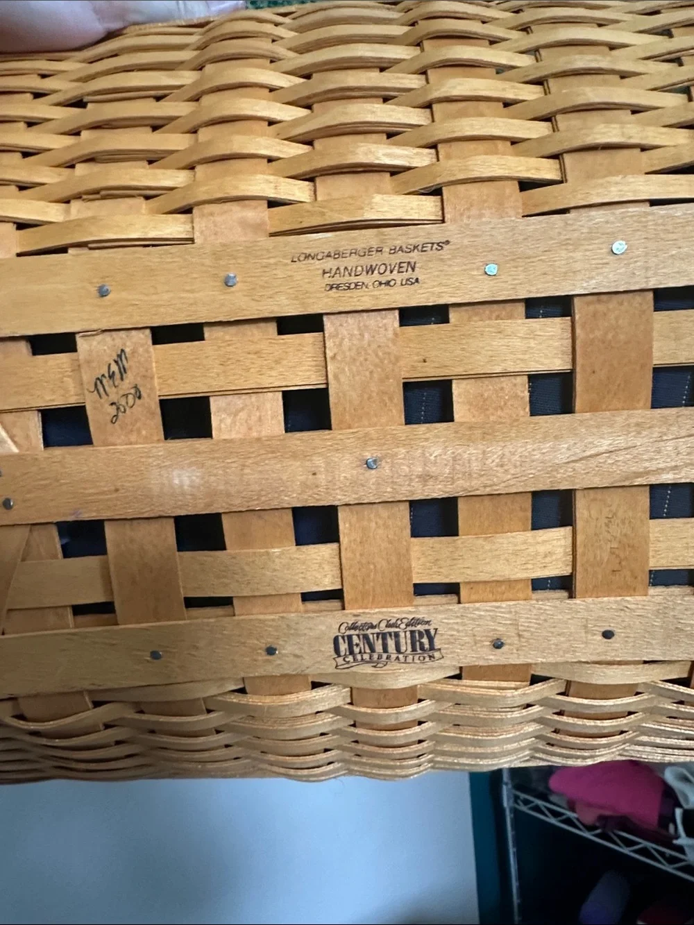 Longaberger blue plaid Lined Woven Basket with Natural Wood Handle